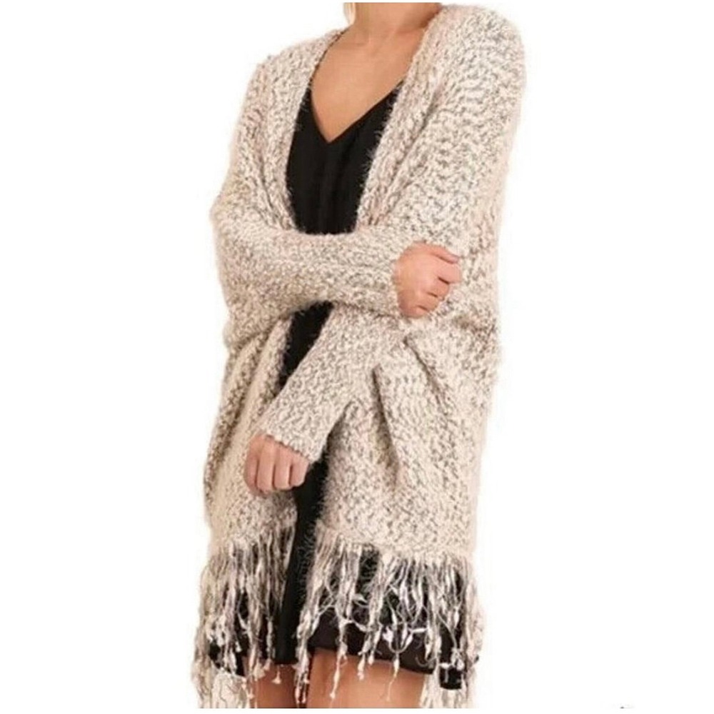 Umgee Cardigan Womens XL/1XL Beige Fringe Chunky Knit Open Front Boho Oversized